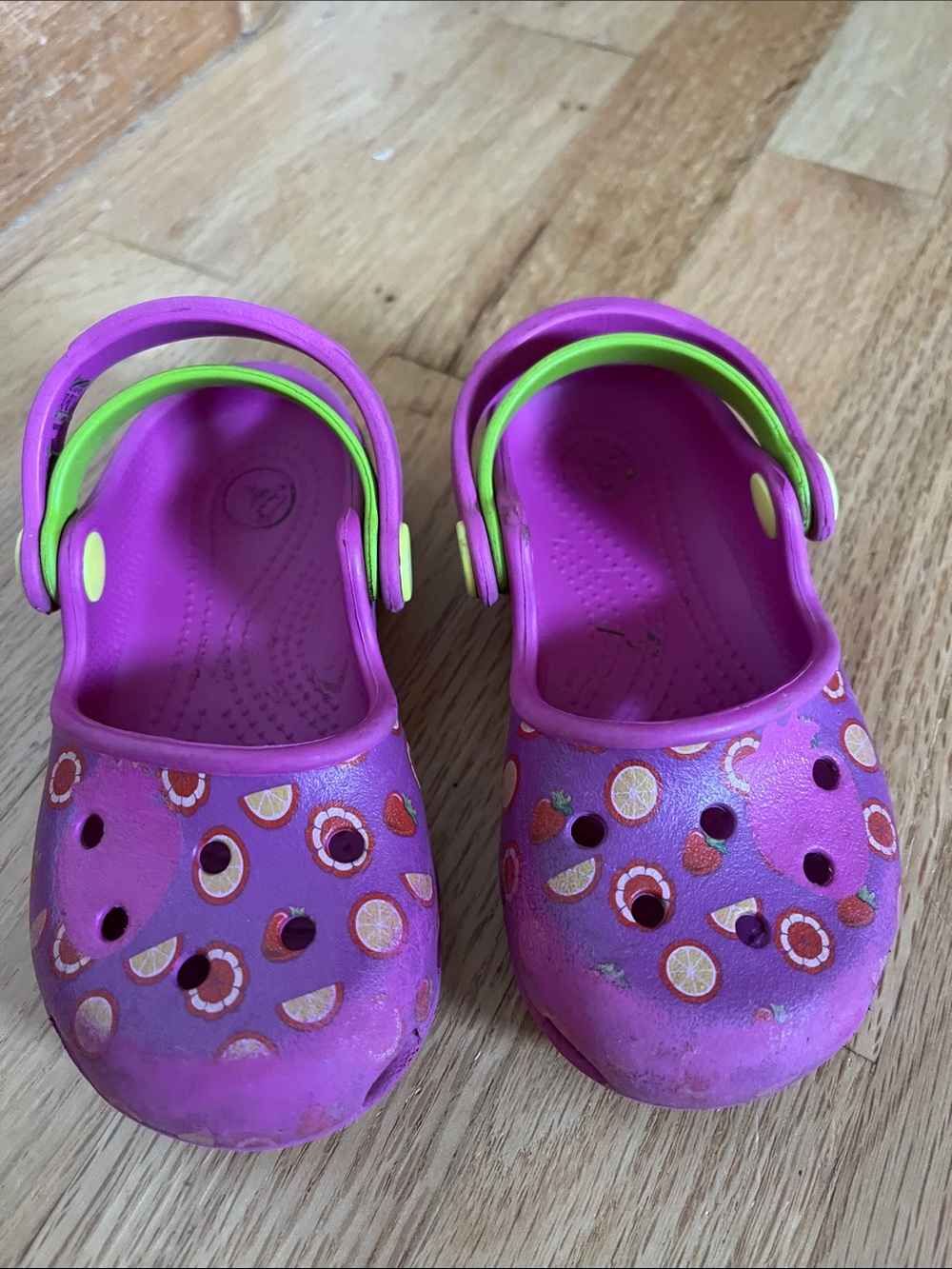 CROCS Kids Pink Clog with Lime Green Strap and Fruit Print